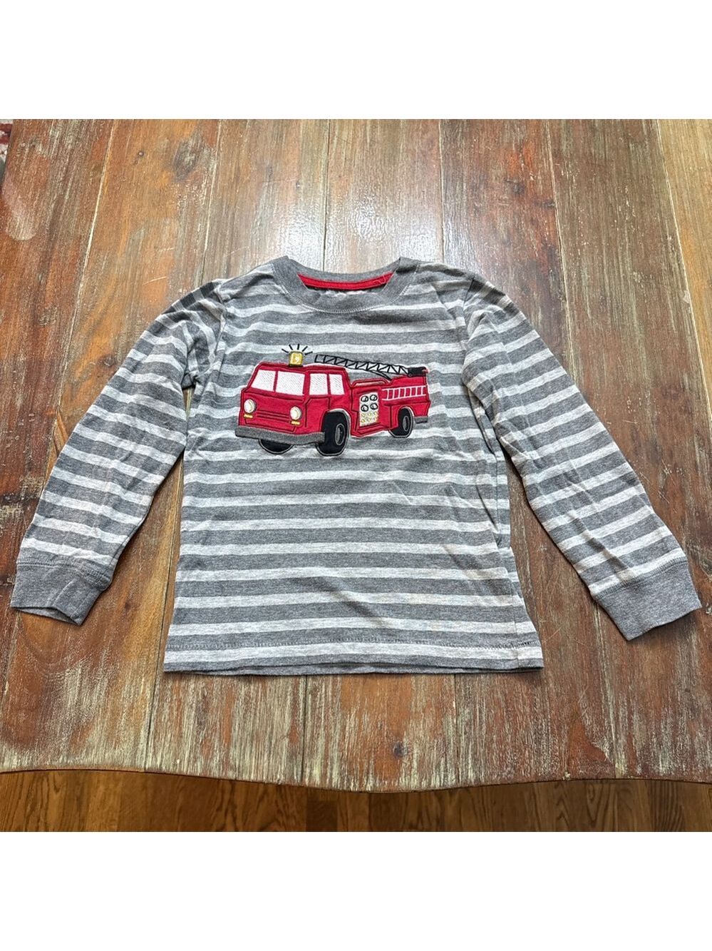 Wonderkids Long Sleeve Tee Gray Red Fire Truck Stripes Boys 5T